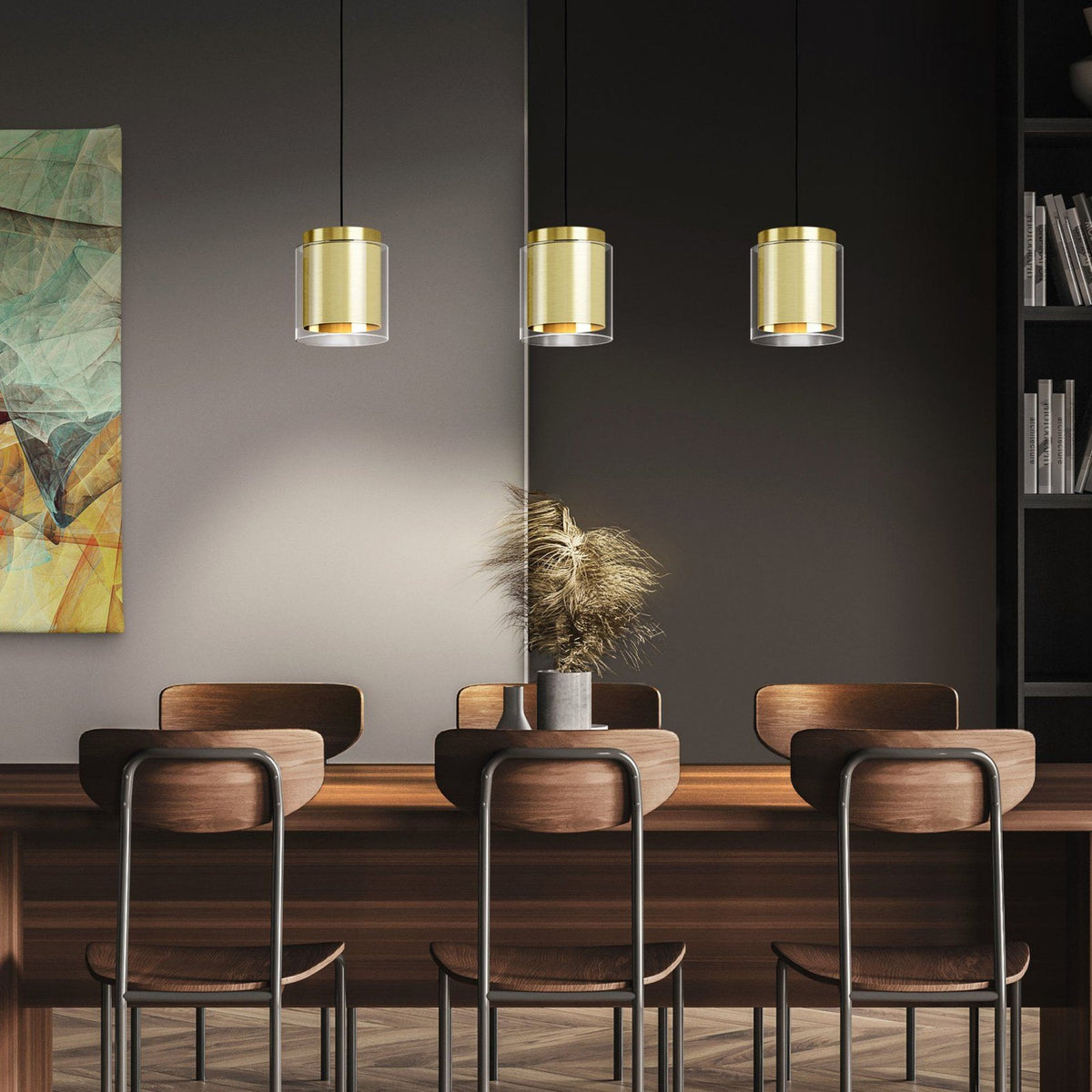 Lagunitas Triple Drop Linear Pendant in Brushed Brass with Outer Clear Glass Shades