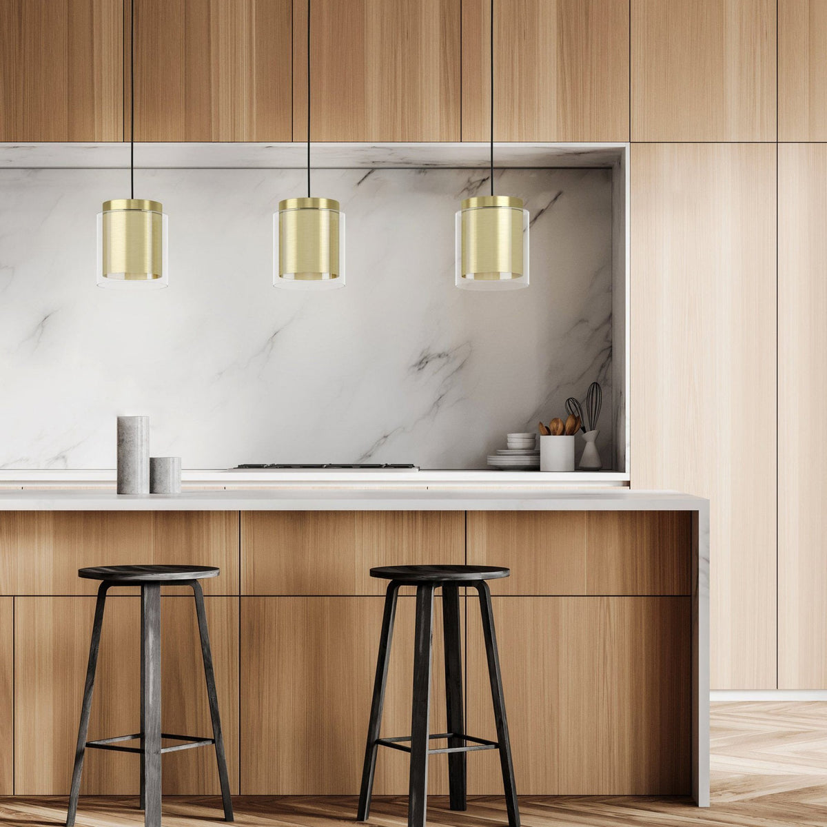 Lagunitas Triple Drop Linear Pendant in Brushed Brass with Outer Clear Glass Shades