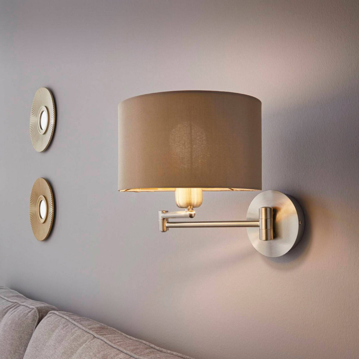 Maserlo Matt Nickel Swing Arm Wall Light with a Taupe and Gold Shade