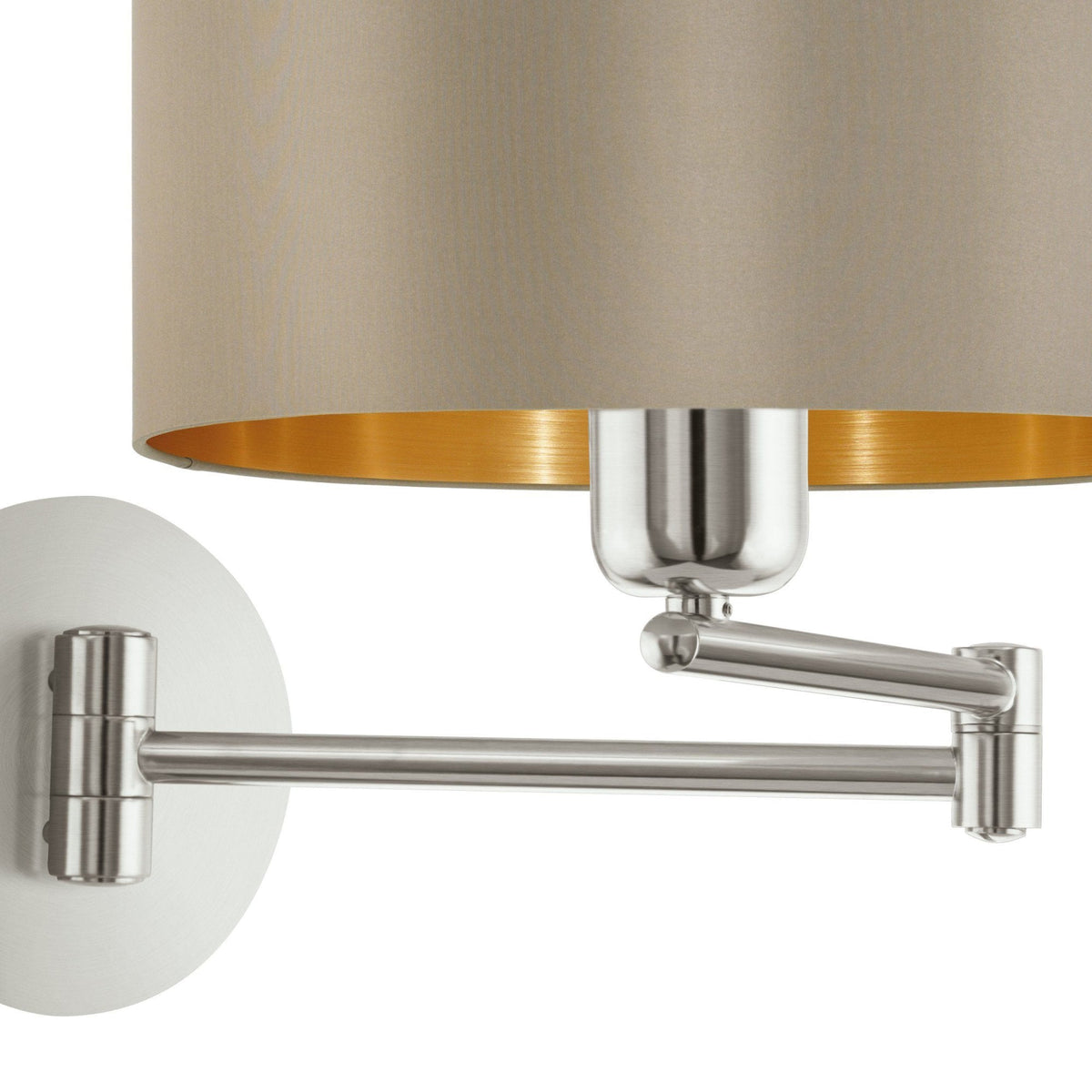 Maserlo Matt Nickel Swing Arm Wall Light with a Taupe and Gold Shade