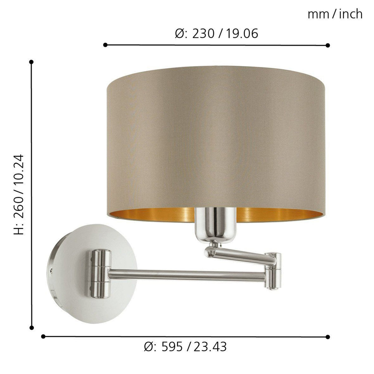 Maserlo Matt Nickel Swing Arm Wall Light with a Taupe and Gold Shade
