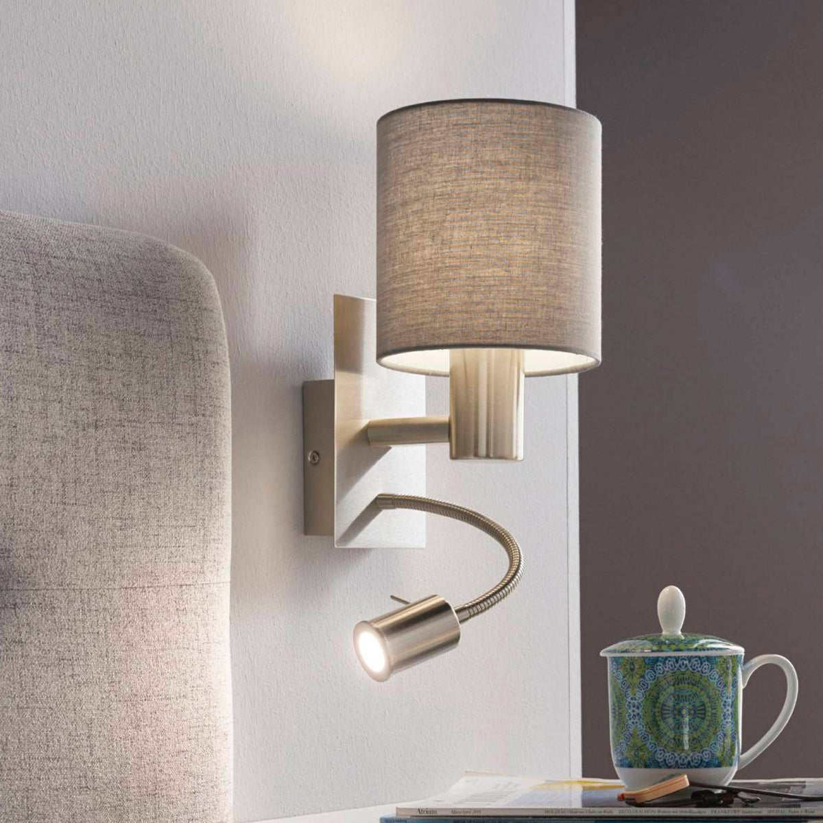 Pasteri Wall Light with Grey Shade and LED Reader