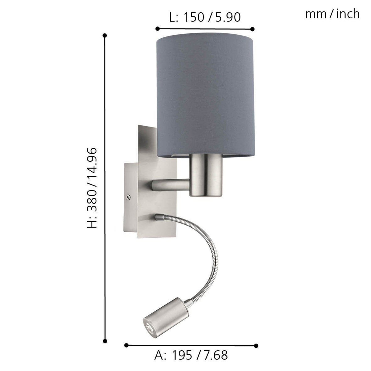 Pasteri Wall Light with Grey Shade and LED Reader
