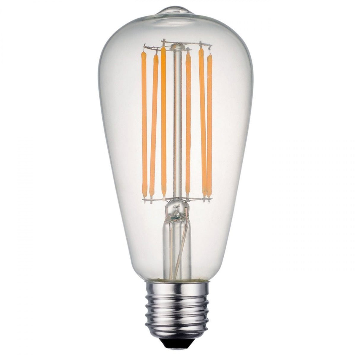 A vintage-style LED filament light bulb with a clear glass casing and exposed filaments.