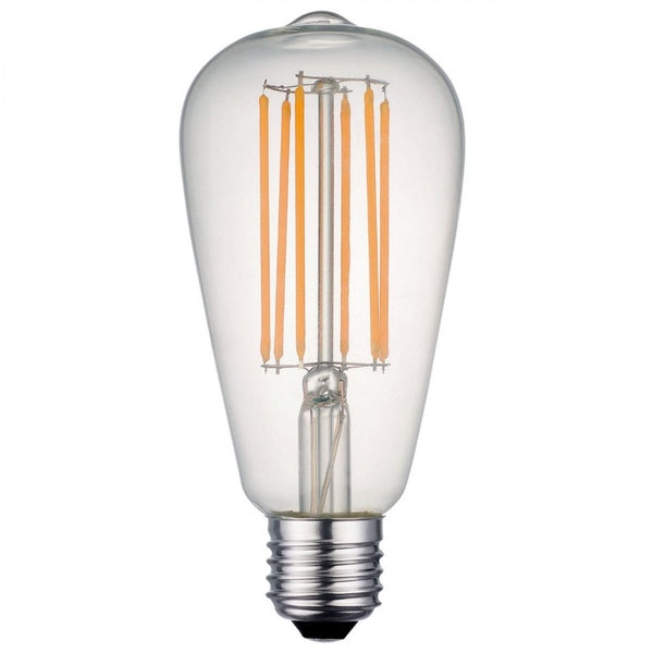 A vintage-style LED filament light bulb with a clear glass casing and exposed filaments.