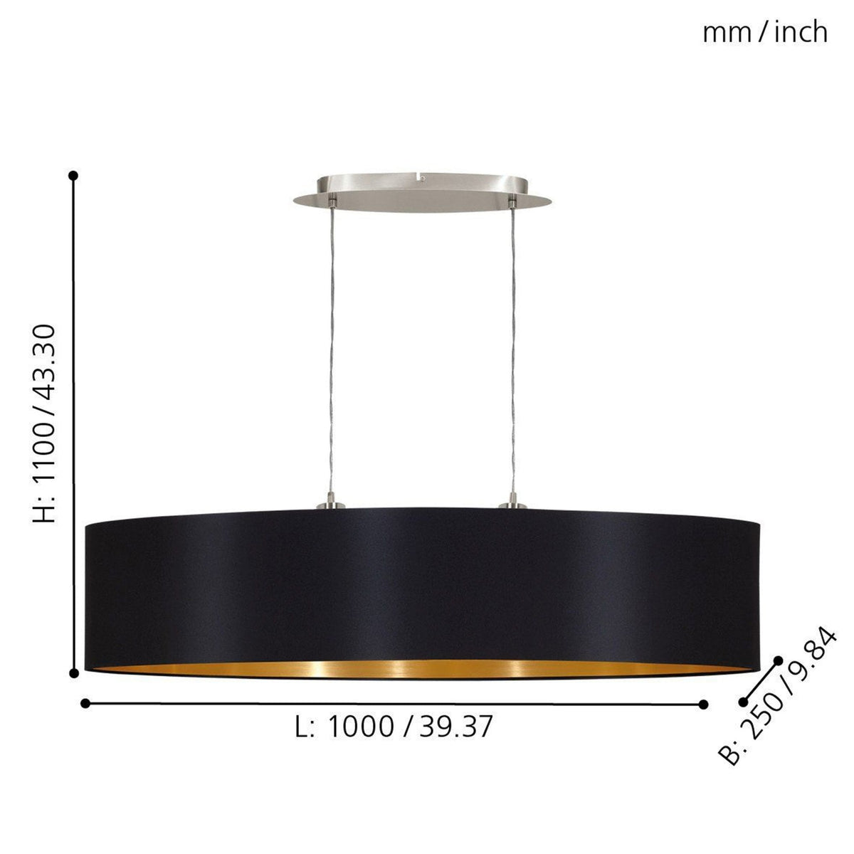 Maserlo Large 100cm Oval Black and Gold Fabric Pendant Light