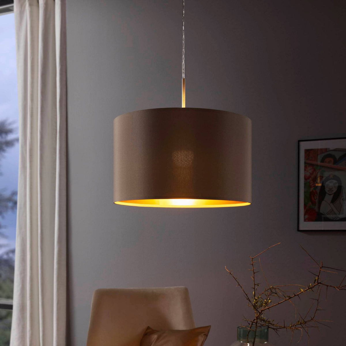 Maserlo Small Taupe and Gold Fabric Pendant Light
