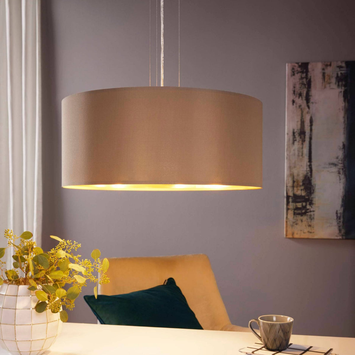 Maserlo Large Taupe and Gold Fabric Pendant Light