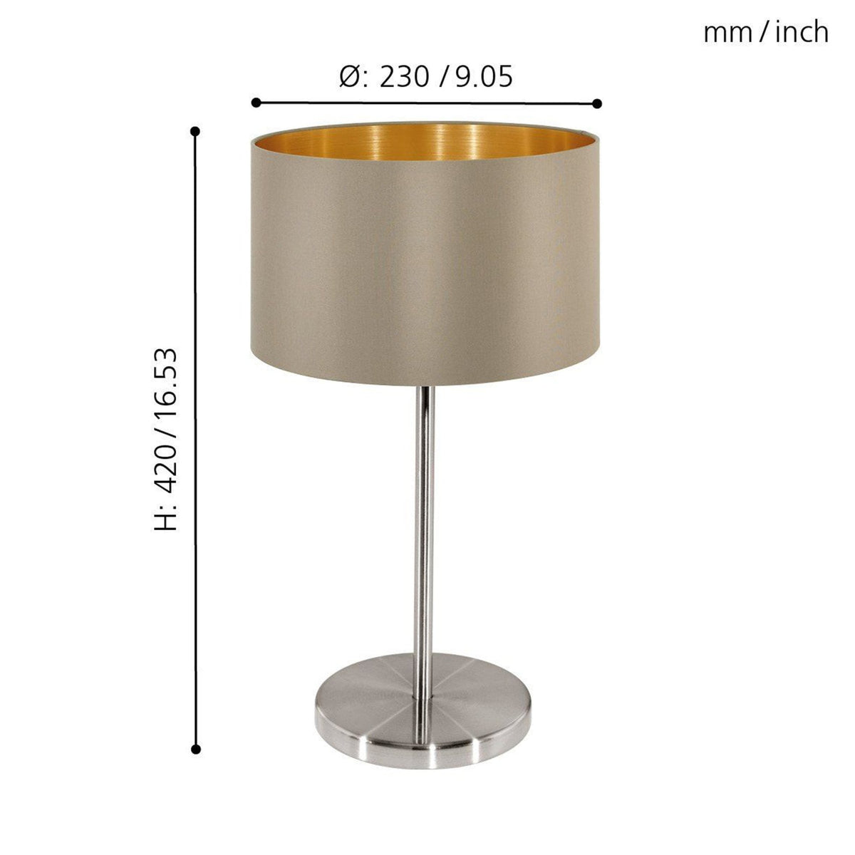 Maserlo Table Lamp with a Taupe and Gold Shade