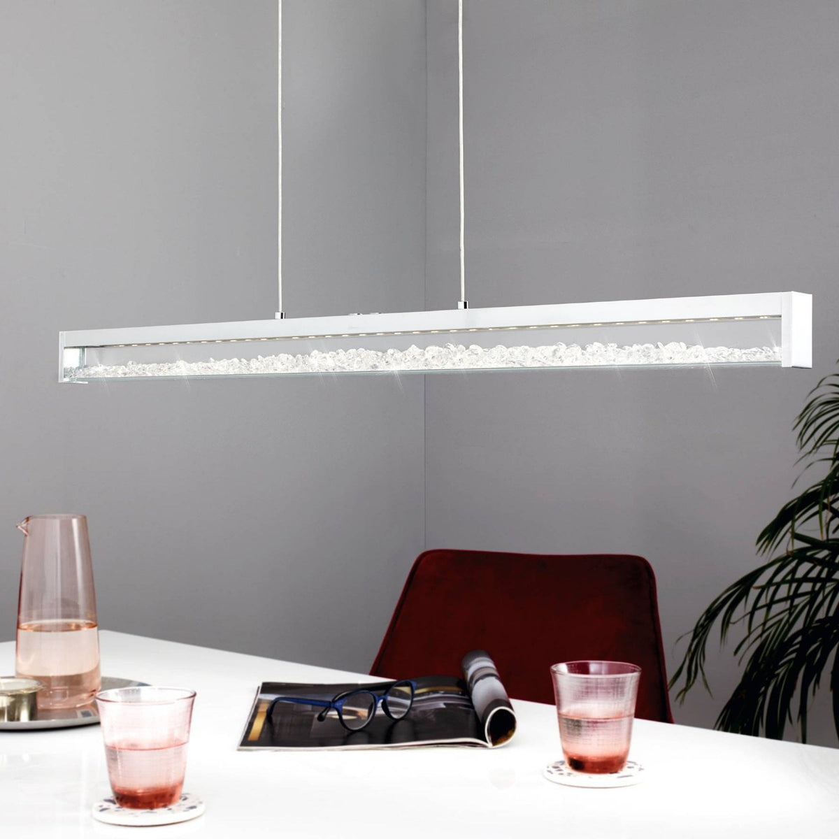 Cardito 1 LED Bar Pendant in Chrome with Clear Glass Crystal Design