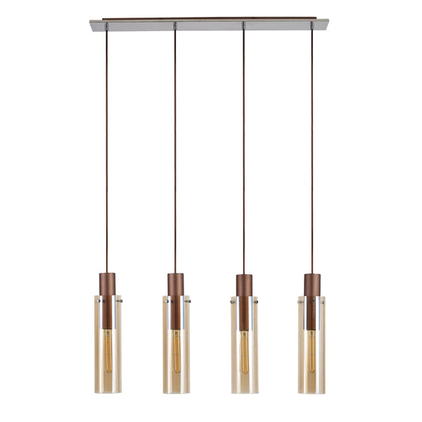 Belstone Slim 4 Drop Linear Pendant in Mocha & Polished Chrome with Amber Glass