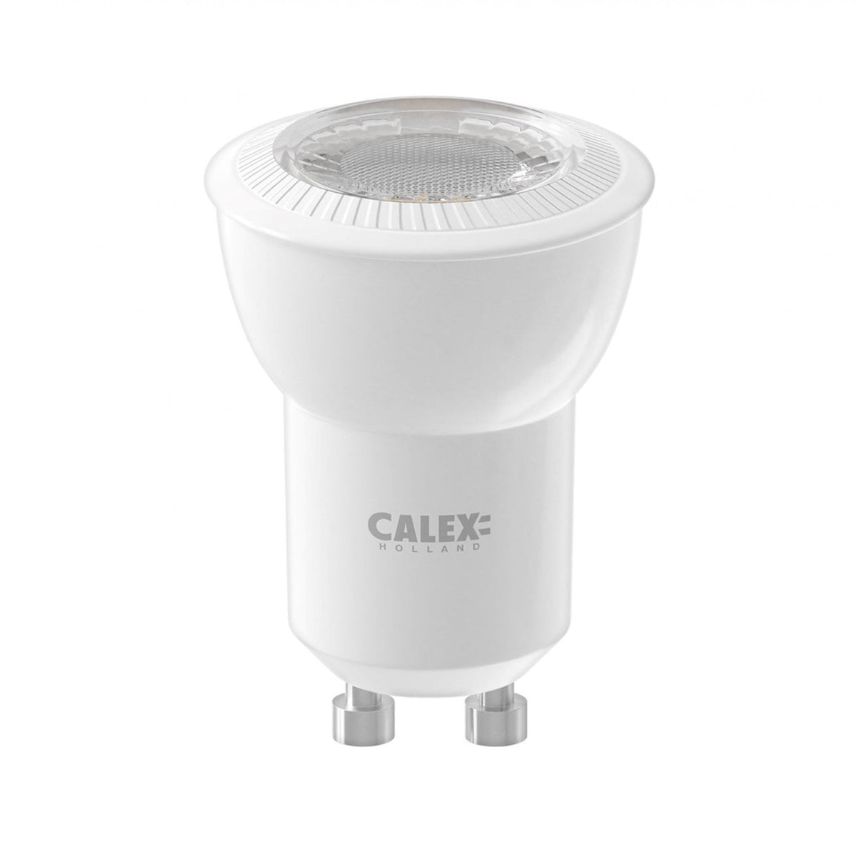 A white Calex smart spot light on a white background.
