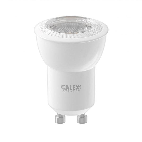 A white Calex smart spot light on a white background.