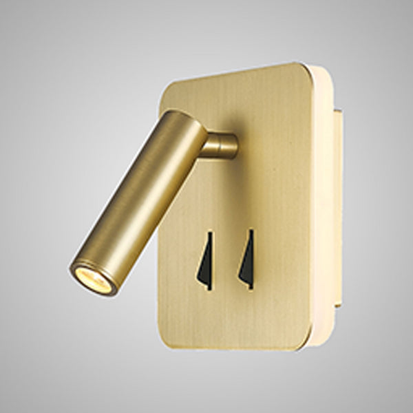 A brass wall-mounted light fitting with a cylindrical, adjustable spotlight and two power sockets.