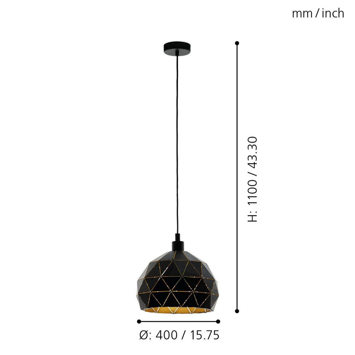 Roccaforte 400mm Pendant Light in Black and Gold