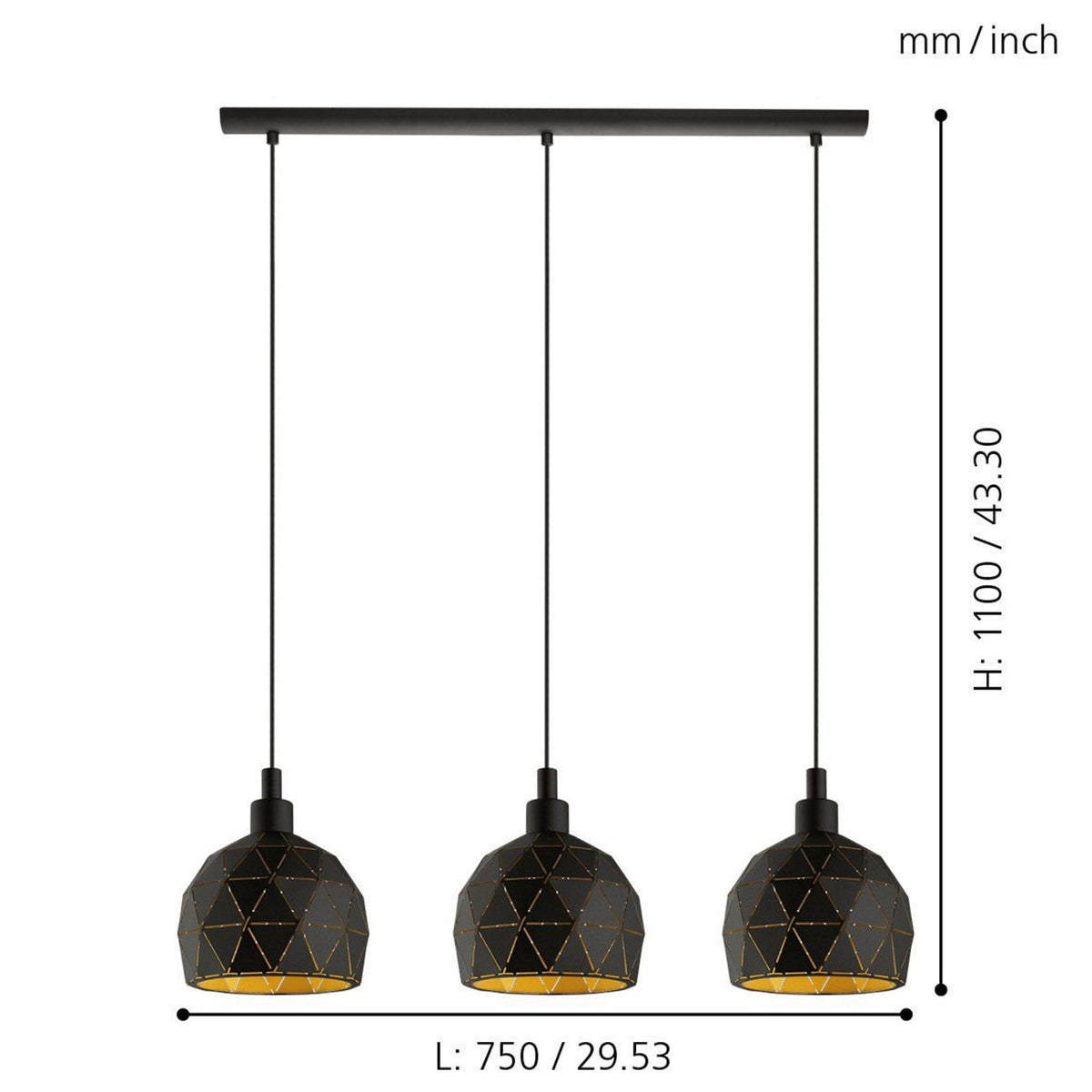 Roccaforte Triple Bar Pendant Light in Black and Gold