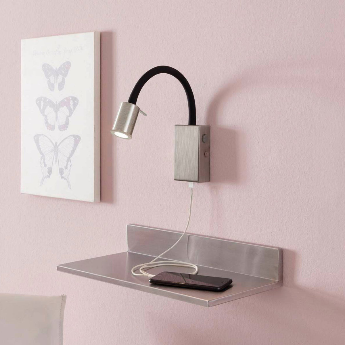 Tazzoli Nickel Bedside Reader Wall Light with USB Charging Port In Satin Nickel