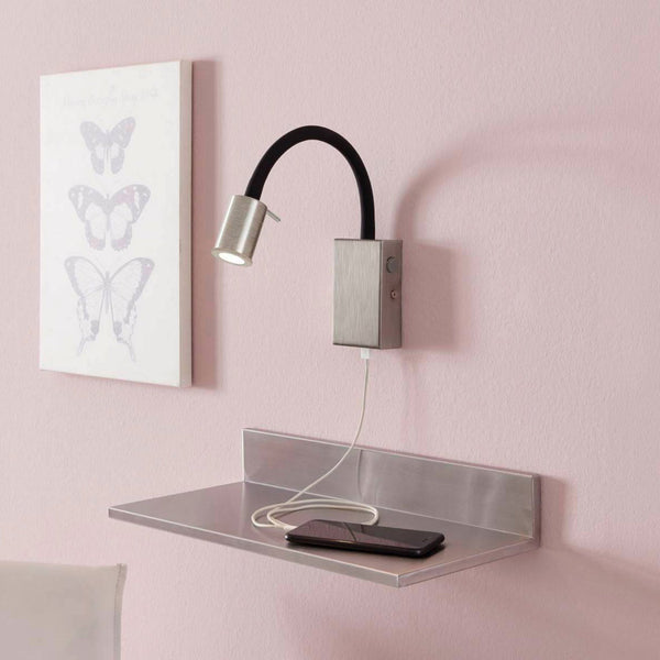 Tazzoli Nickel Bedside Reader Wall Light with USB Charging Port In Satin Nickel