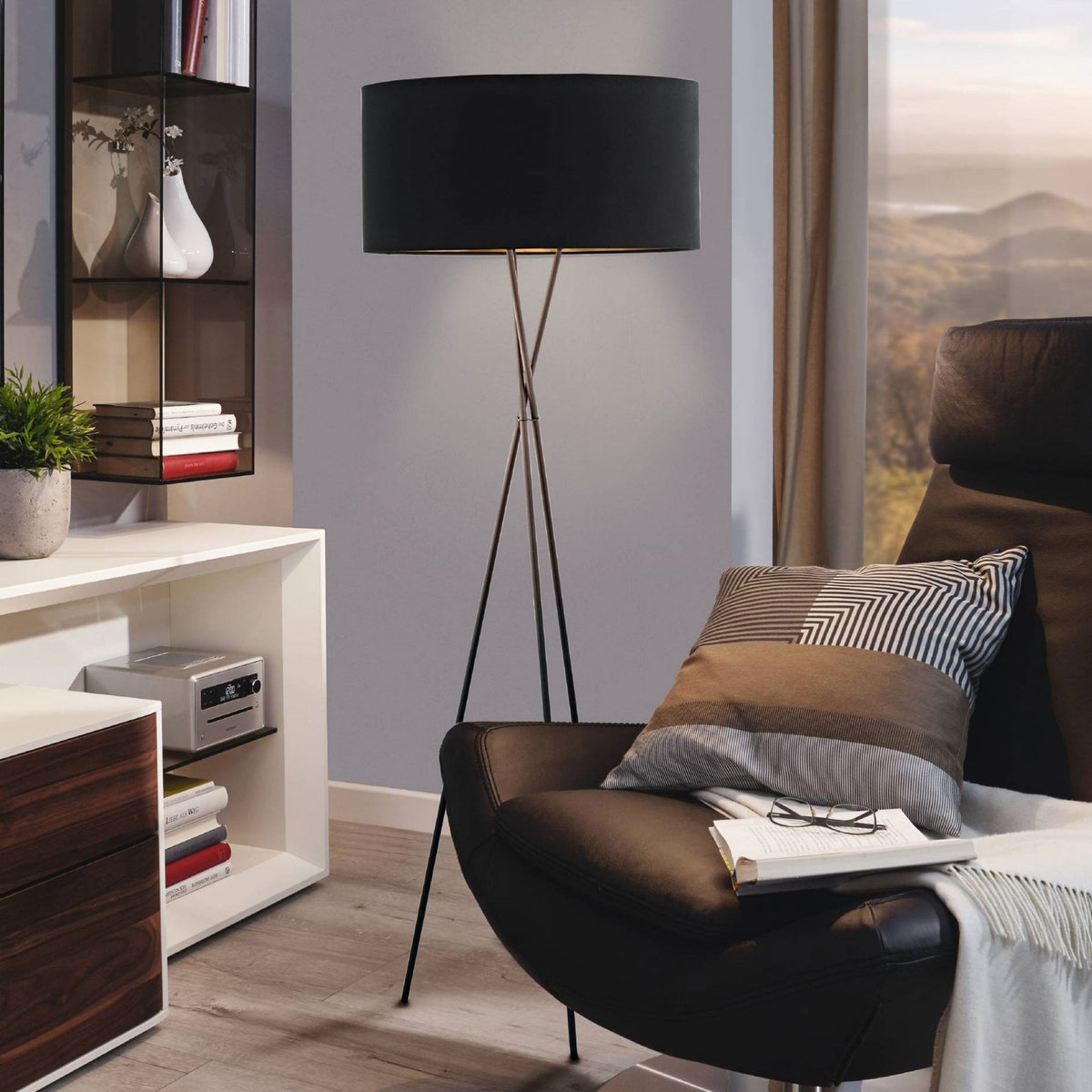 Fondachelli Tripod Floor Lamp in Black with Black and Copper Shade