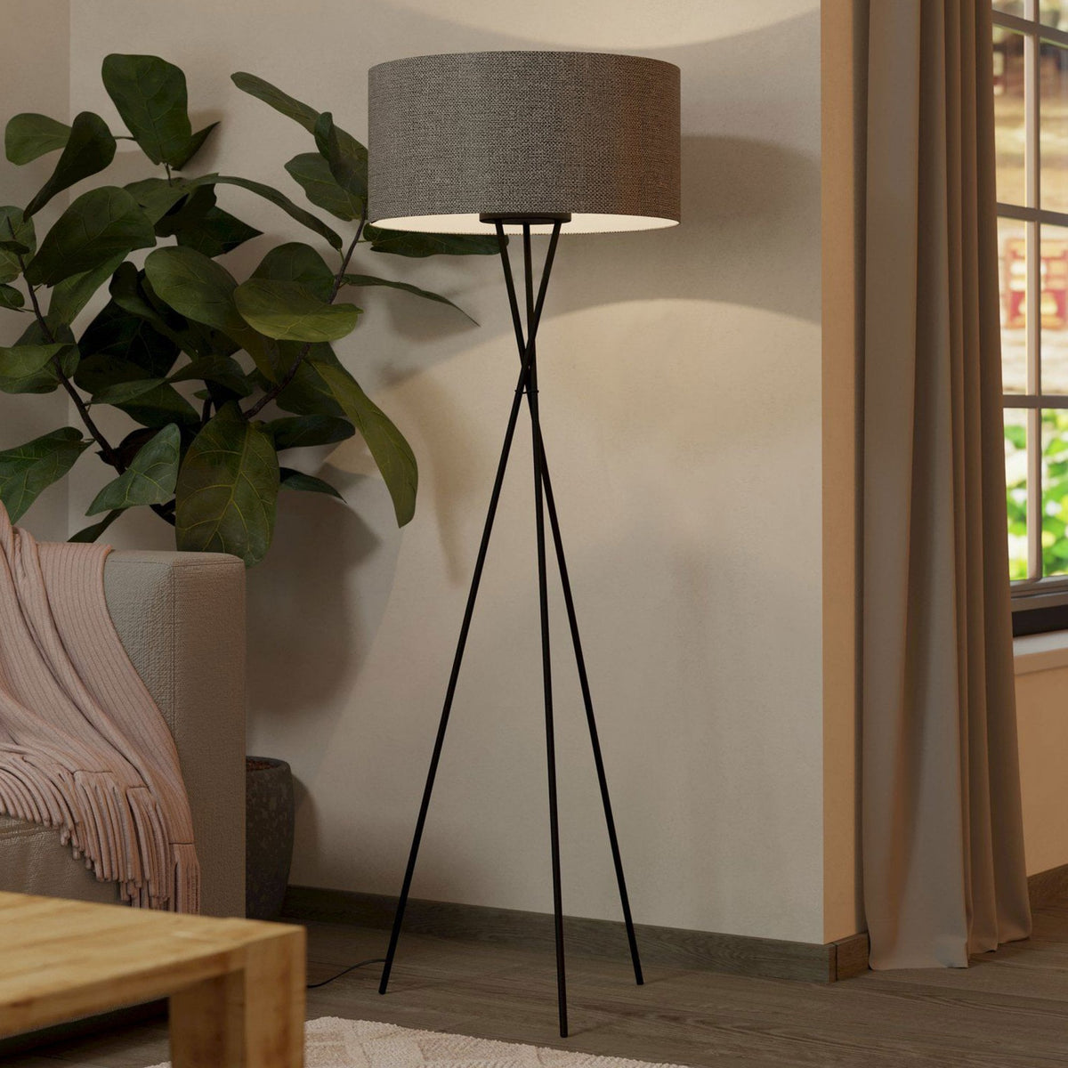 Fondachelli Tripod Floor Lamp in Black with Grey Fabric Shade