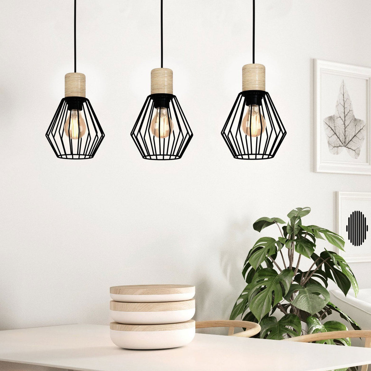 Palmorla Triple Drop Bar Pendant in Wood & Black Cage
