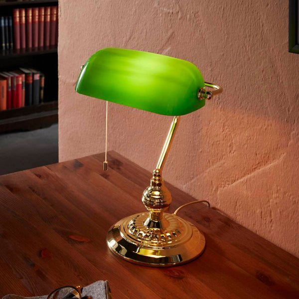 Banker Switched Desk Light in Brass & Green Glass