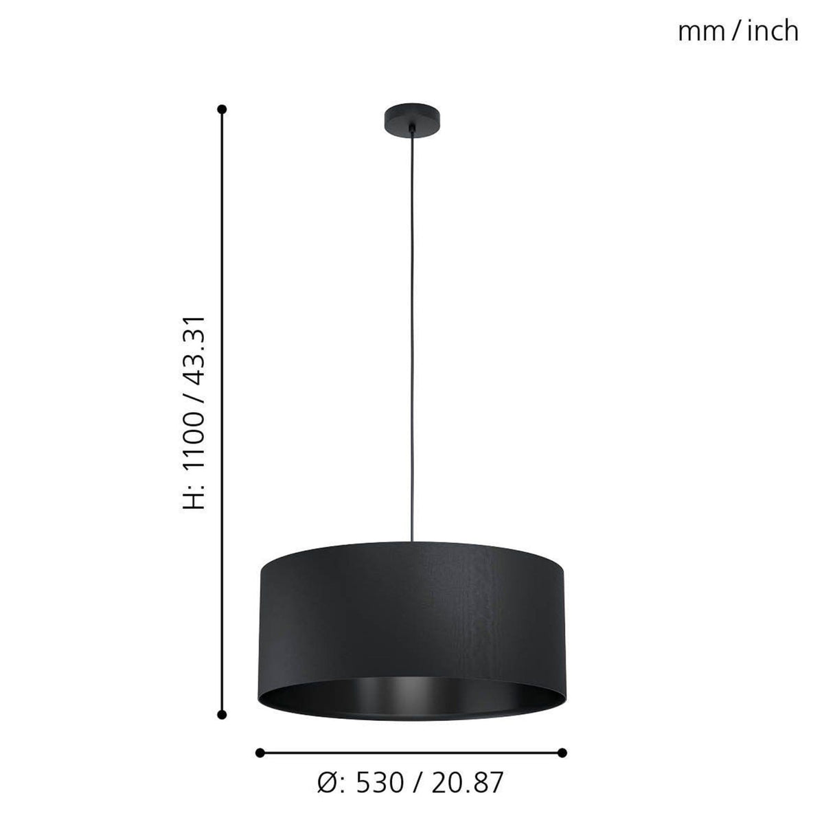 Maserlo 1 Black 530mm E27 Pendant Light