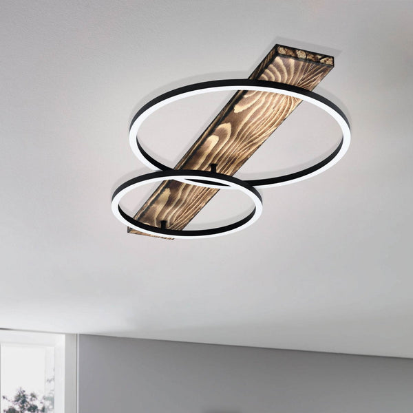 Boyal LED Twin Ring Ceiling Light in Black & Rustic Oak