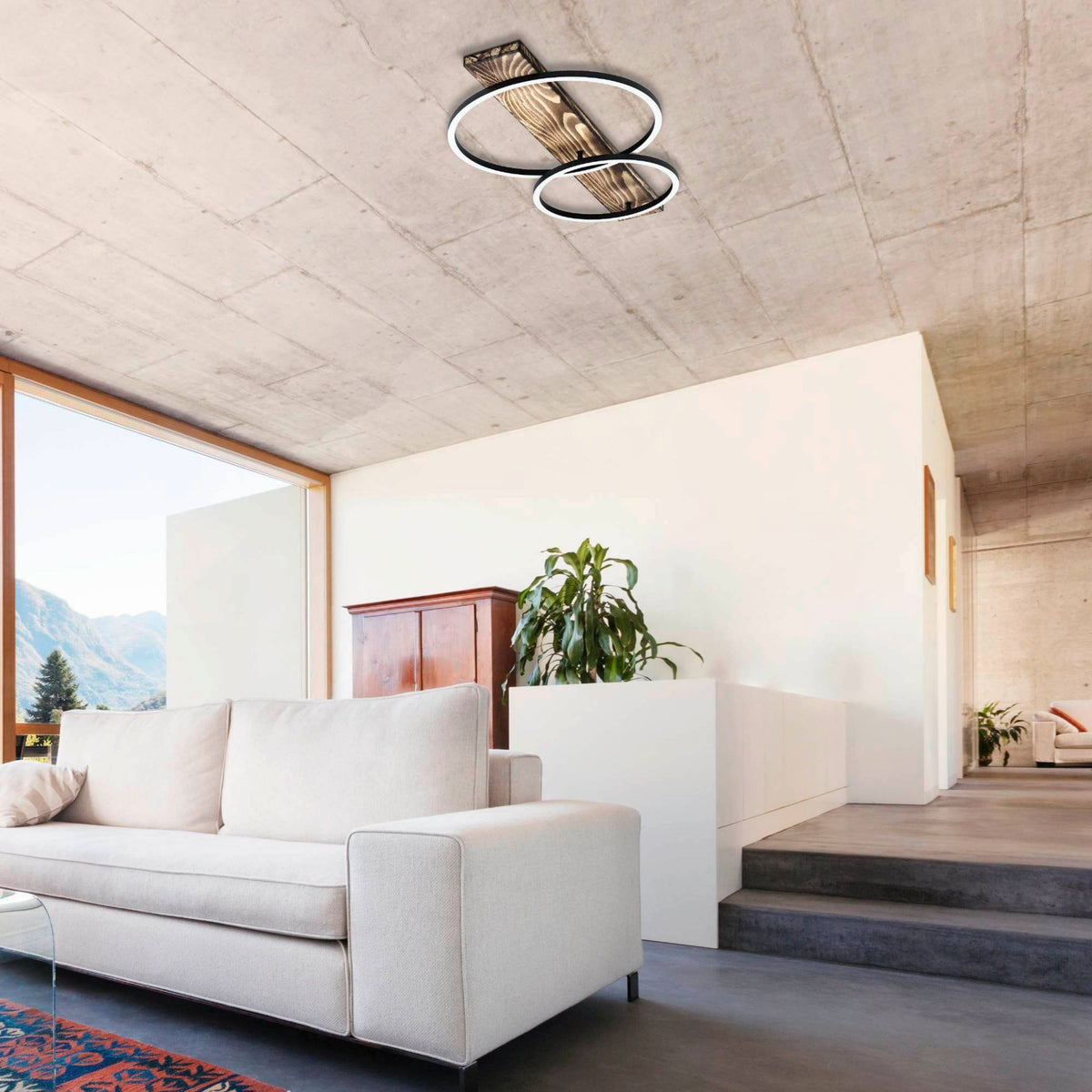 Boyal LED Twin Ring Ceiling Light in Black & Rustic Oak