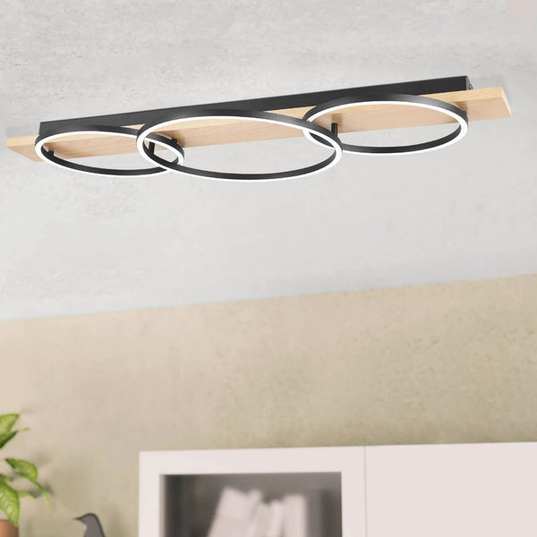 Boyal LED Triple Ring Ceiling Light in Black & Oak Colour
