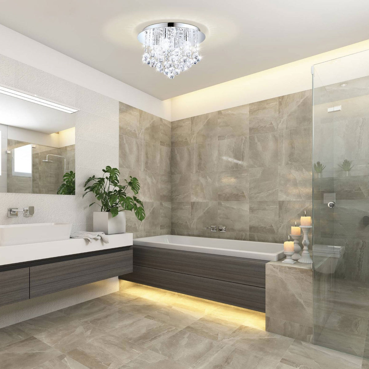 Almonte IP44 Large 500mm Bathroom Ceiling Light in Chrome & Crystal