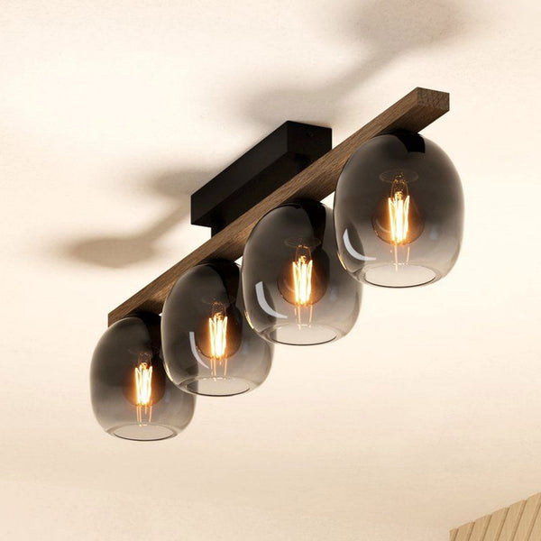 Filago Four Lamp Linear Ceiling Light with Wooden Crossbar & Glass Shades