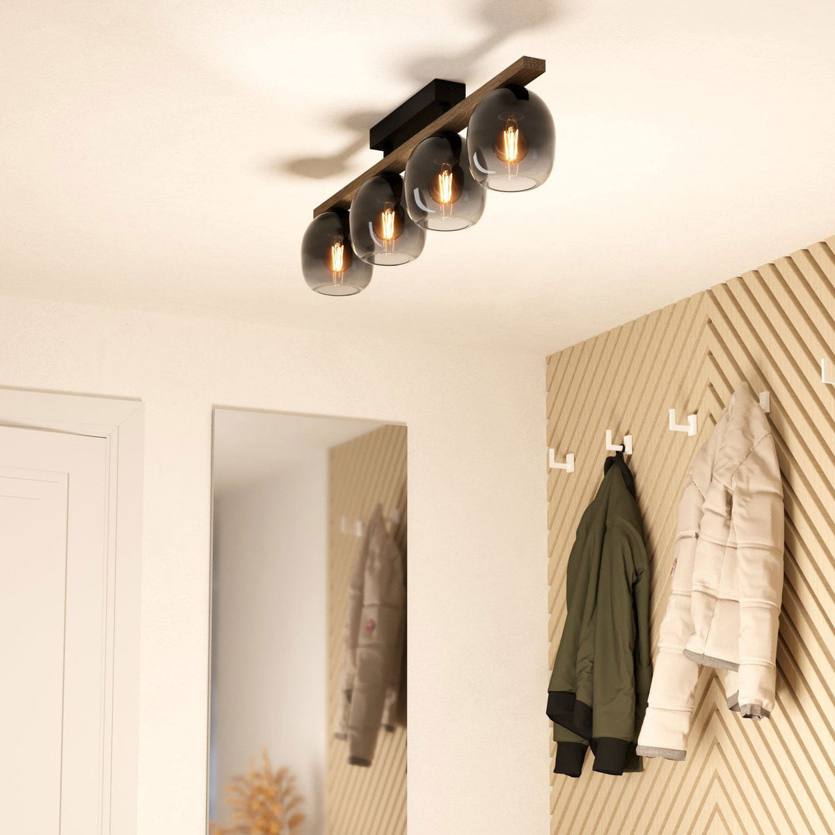 Filago Four Lamp Linear Ceiling Light with Wooden Crossbar & Glass Shades