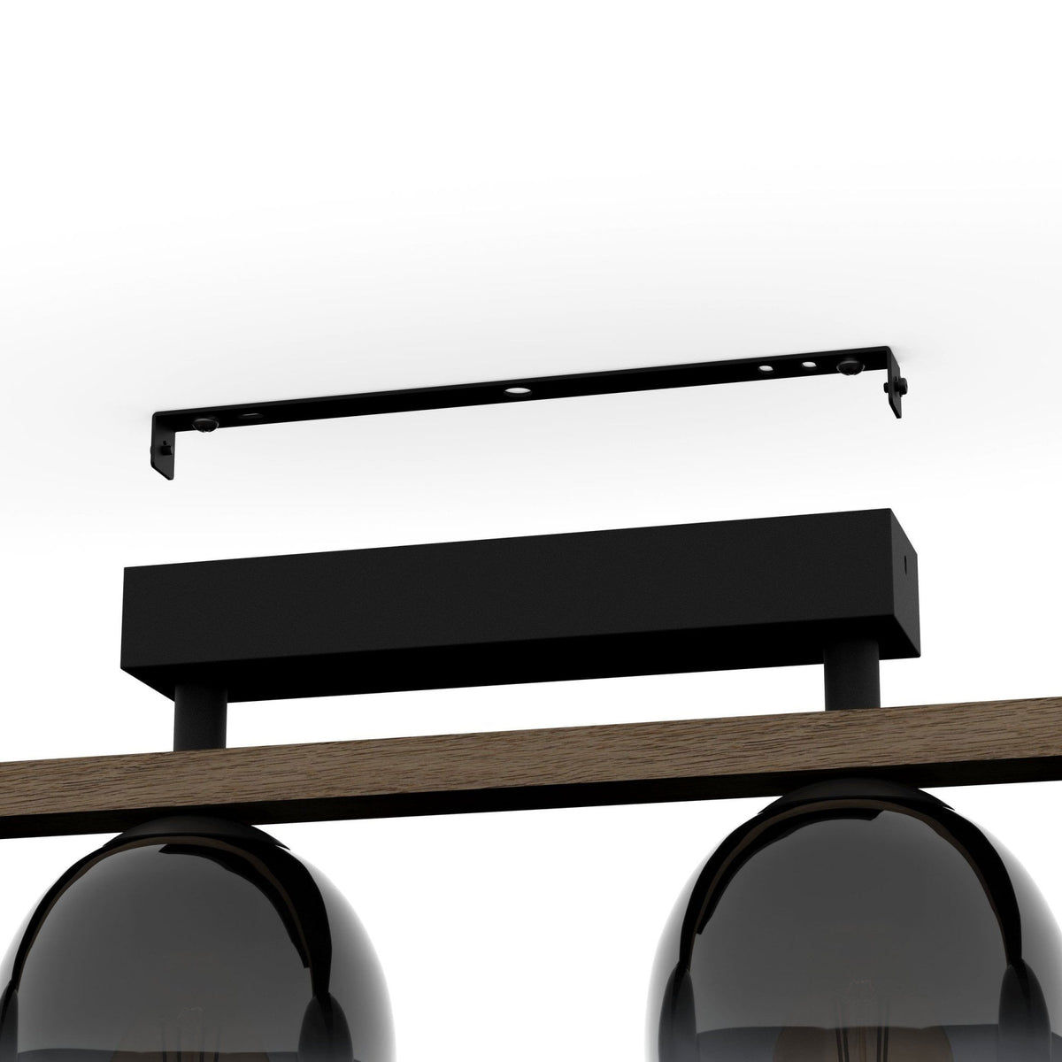 Eglo Filago Four Lamp Linear Ceiling Light with Wooden Crossbar & Glass Shades, close up of mounting bracket