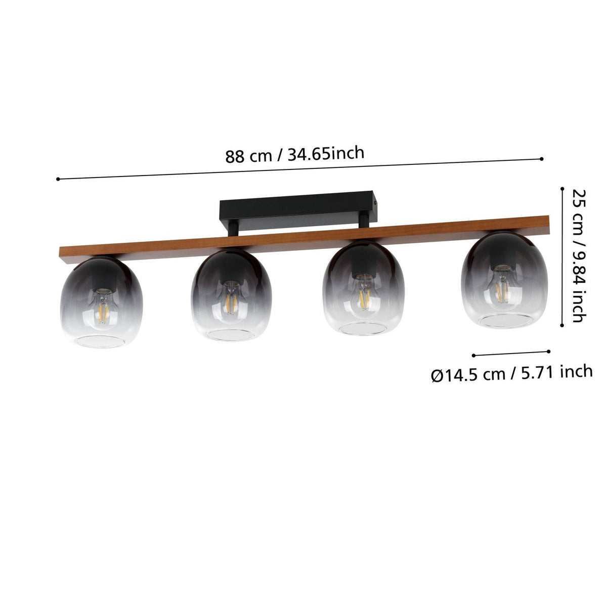 Filago Four Lamp Linear Ceiling Light with Wooden Crossbar & Glass Shades