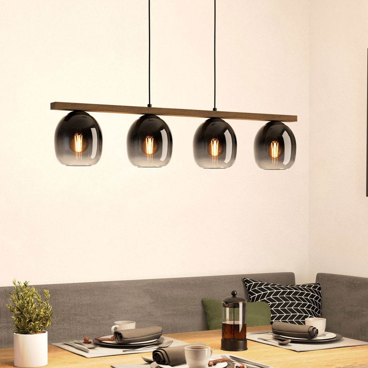 Filago Four Lamp Linear Pendant with Wooden Crossbar & Glass Shades