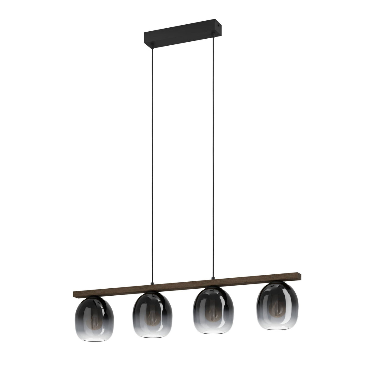 Filago Four Lamp Linear Pendant with Wooden Crossbar & Glass Shades