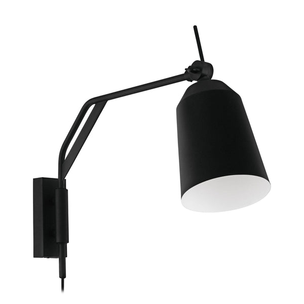 A black wall lamp with an adjustable arm and conical shade, isolated on a white background.