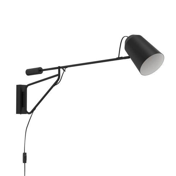 A black wall lamp with an adjustable arm and conical shade, against a white background.