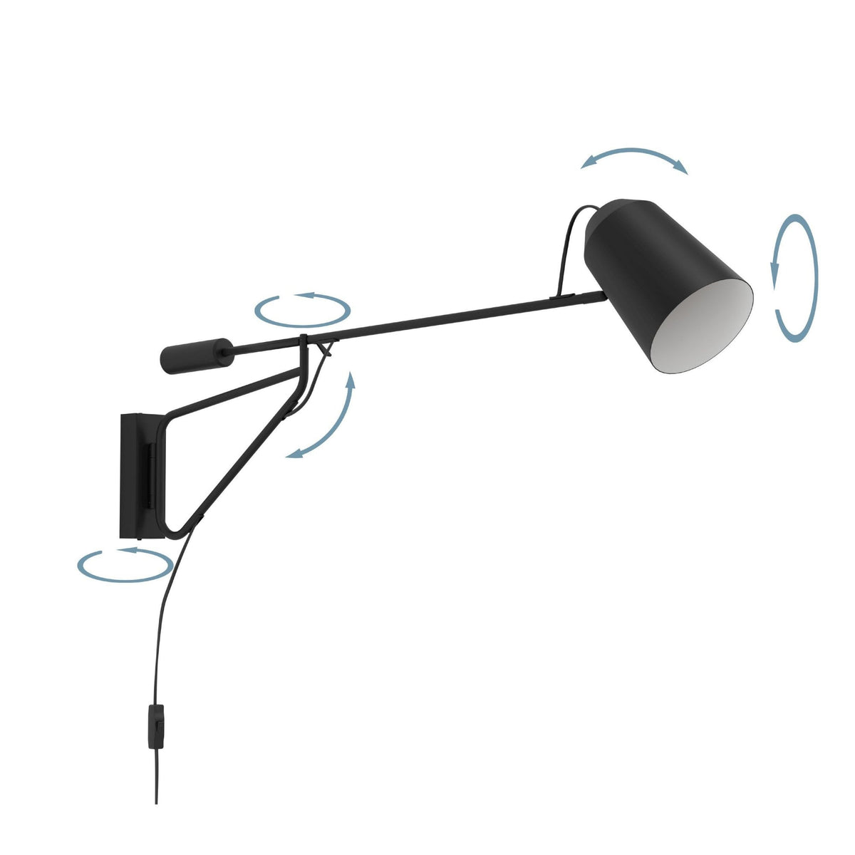 A black wall lamp with arrows indicating its adjustable arm and rotating shade.
