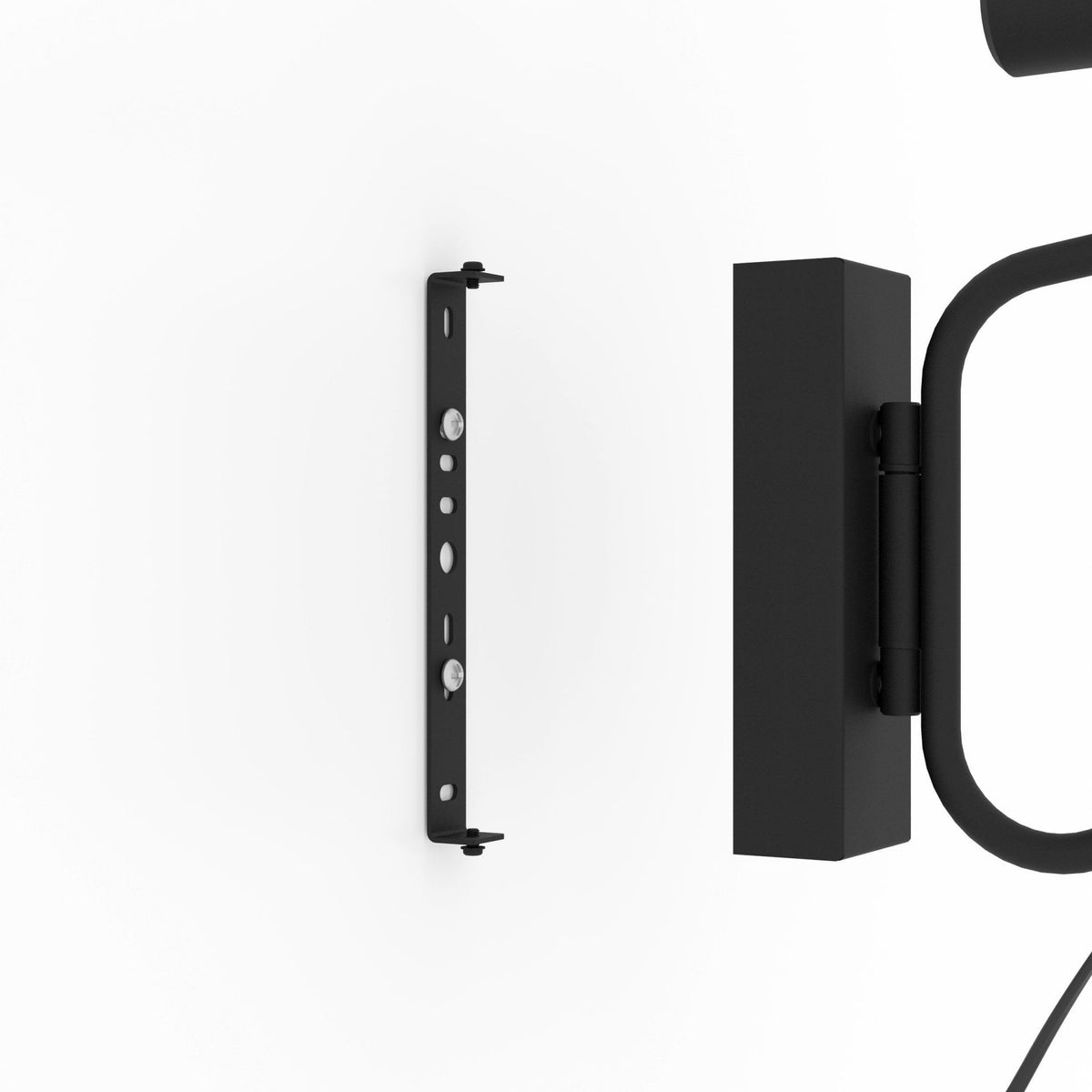 Close-up of the black wall-mounted bracket for the lamp, showing installation details.