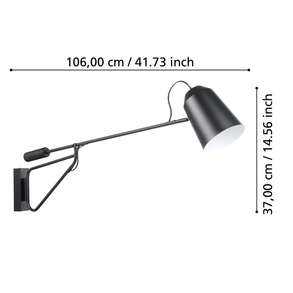Dimensions of the black wall lamp, showing a length of 106cm and a height of 37cm.
