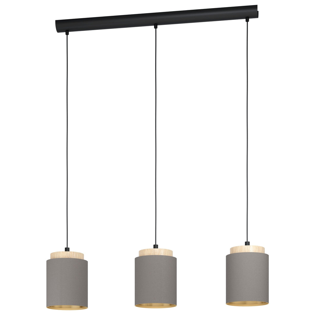Albariza Triple Drop Linear Pendant with Wooden Lamp Holders and Cappuccino Shades