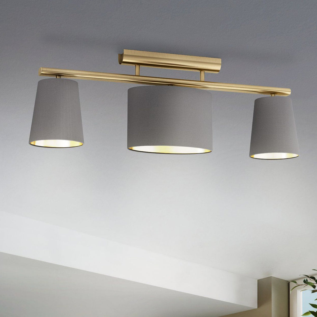 Almeida 2 Three Lamp Linear Ceiling Light in Brushed Brass with Cappuccino Shades