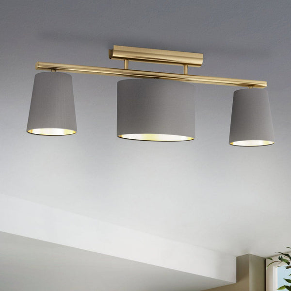 Almeida 2 Three Lamp Linear Ceiling Light in Brushed Brass with Cappuccino Shades