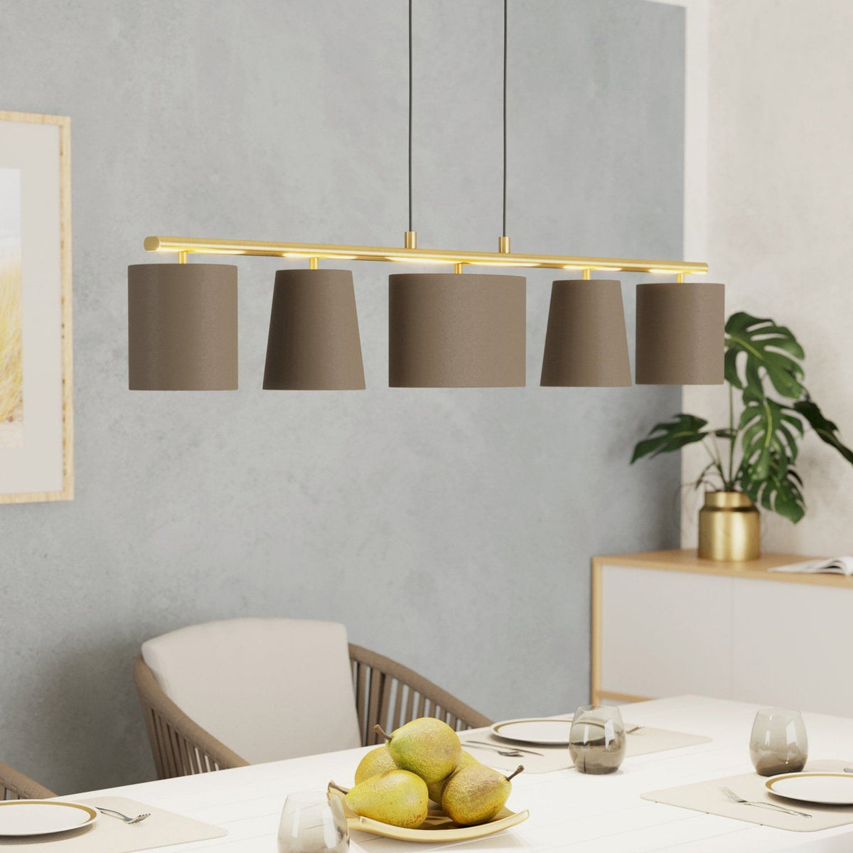 Almeida 2 Five Lamp Linear Pendant in Brushed Brass with Cappuccino Shades