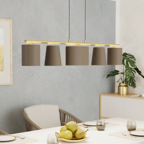 Almeida 2 Five Lamp Linear Pendant in Brushed Brass with Cappuccino Shades