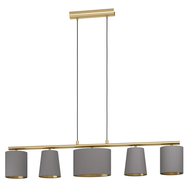 Almeida 2 Five Lamp Linear Pendant in Brushed Brass with Cappuccino Shades