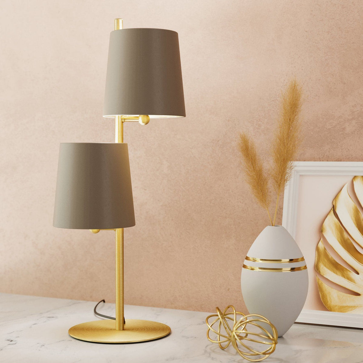 Almeida 2 Table Lamp in Brushed Brass with Cappuccino Shades
