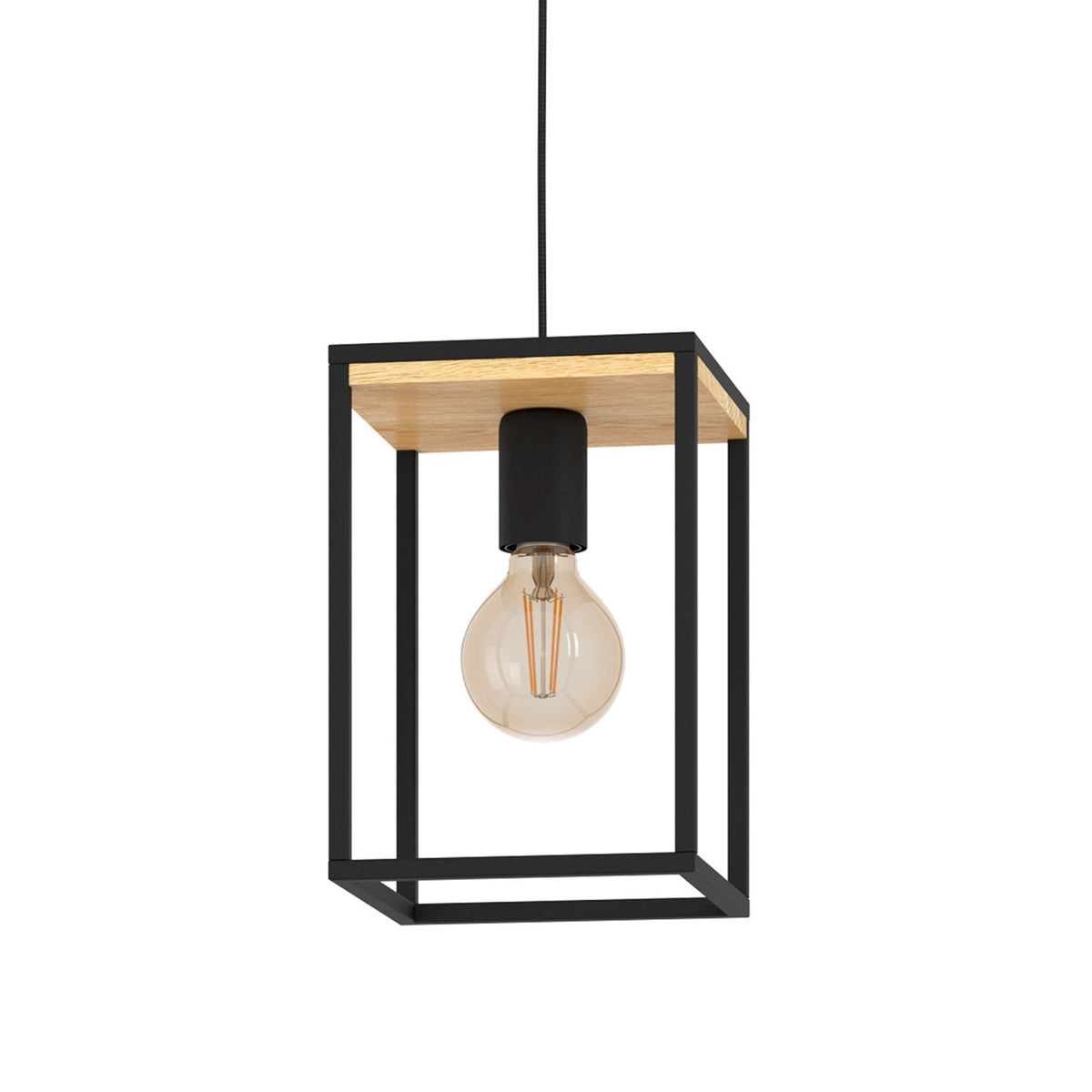 Libertad Single Drop Pendant in Black with Wood Detailing